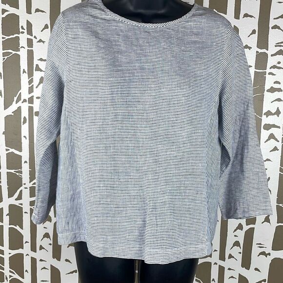 Tahari Linen Button Back Cropped Sleeve Striped Top XS - Picture 2 of 9